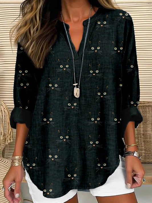 Comstylish Cute Cat Face Pattern Linen Blend Cozy Shirt
