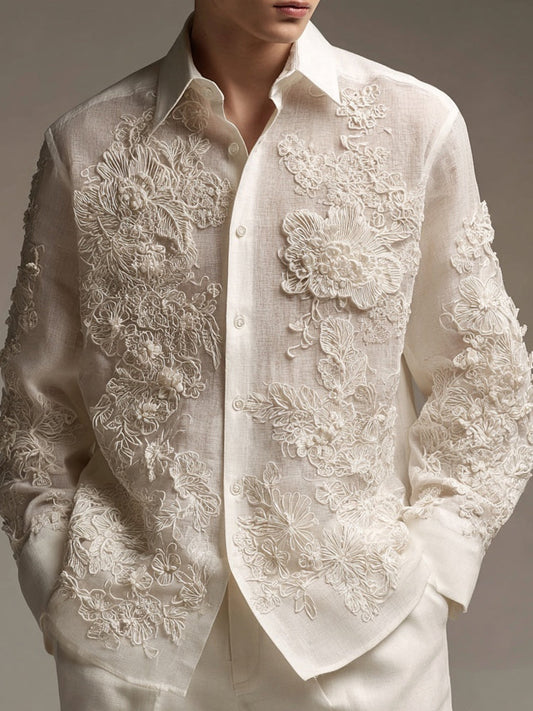 Men's Lace Flowers Embroidered Vintage Linen Blouse artswardrobe
