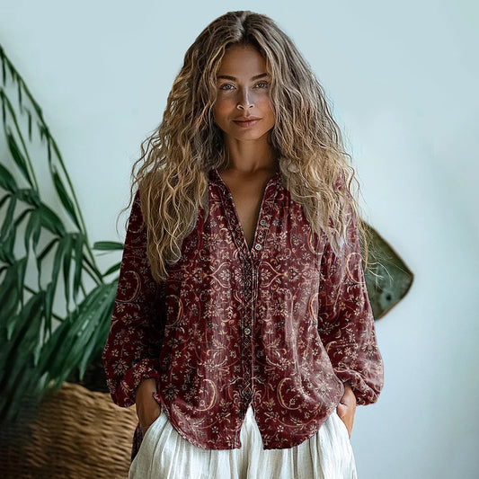 Comstylish Bohemian Style Floral Linen Print Long Sleeve Shirt