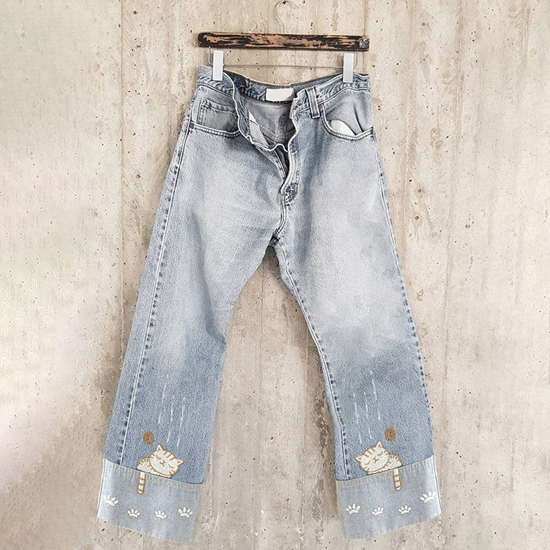 Retro Lazy Cat Embroidery Abstract Art Design Jeans elevenforest