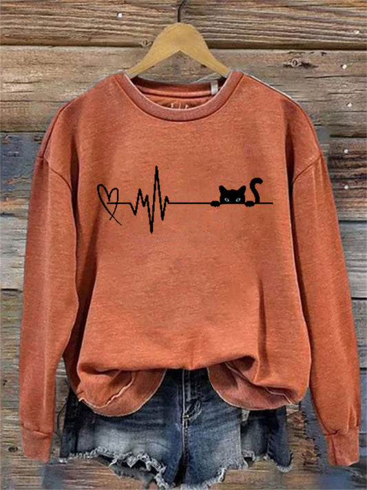 Comstylish Funny Heart Black Cat Print Sweatshirt
