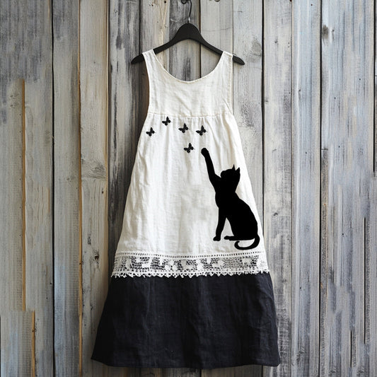 Vintage Abstract Creative Cute Black Cat  Play With Butterfly Art Linen Tank Dress artswardrobe