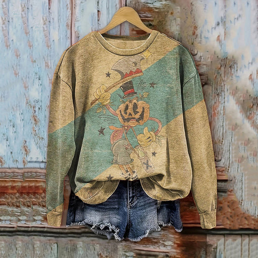 Comstylish Retro Pumpkin Man Print Casual Sweatshirt