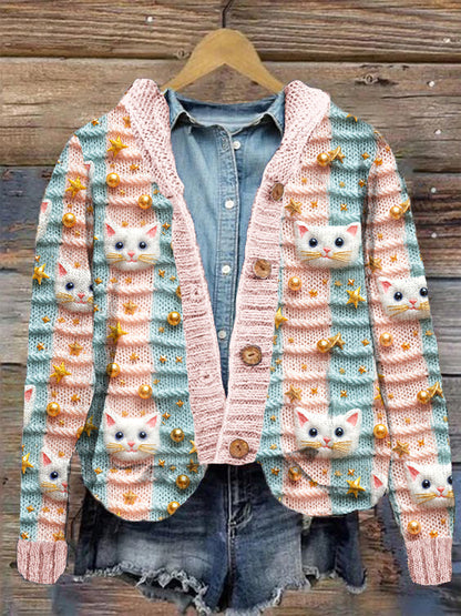 Comstylish Pastel Christmas Cat Embroidery Pattern Cozy Knit Cardigan