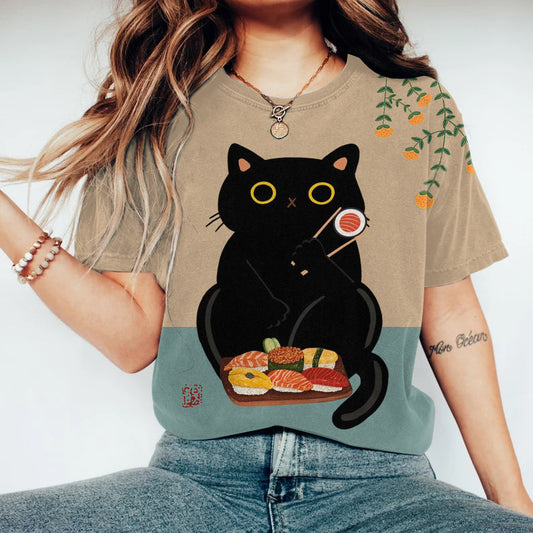 Abstract Creative Cute Black Cat Love Sushi Painting Art T-Shirt elevenforest