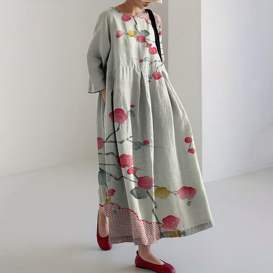 Comstylish Women Japanese Art Flower Linen Blend Maxi Dress