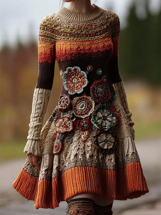 Boho Floral Crochet Sunset Colorblock Knit Sweater Dress