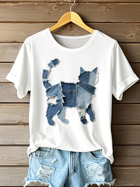 Comstylish Women's Cute Cat Denim Patchwork Art T-shirt