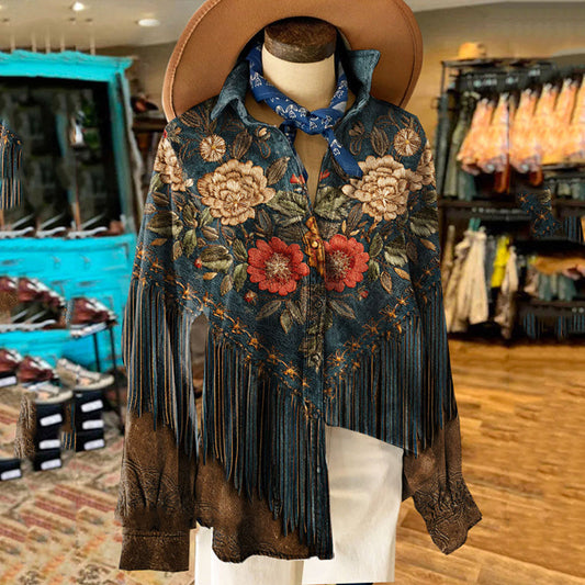 Comstylish Women's Retro Tribal Fringe Print Casual Long Sleeve Shir