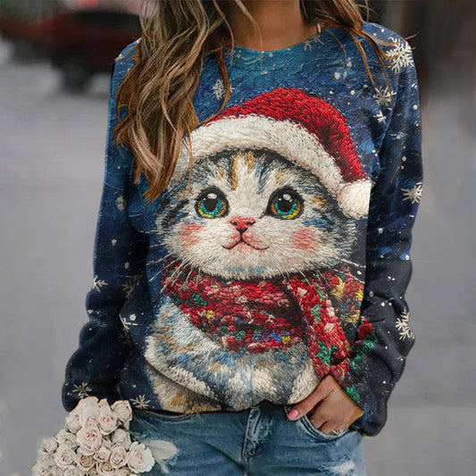 Comstylish Christmas Cat Print Round Neck Long Sleeve Casual Sweatshirt