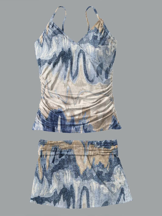V-Neck Vintage Flowers Print Suspender Skirt Tankini Pantskirt Set Swimsuit
