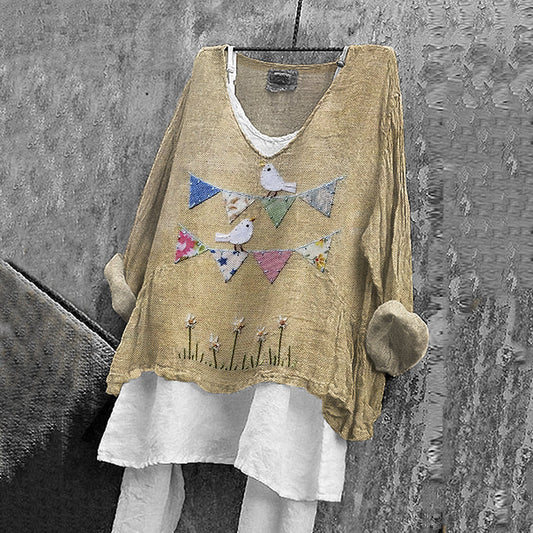 Comstylish Women's Floral And Bird Patch Cotton And Linen V-neck Shirt