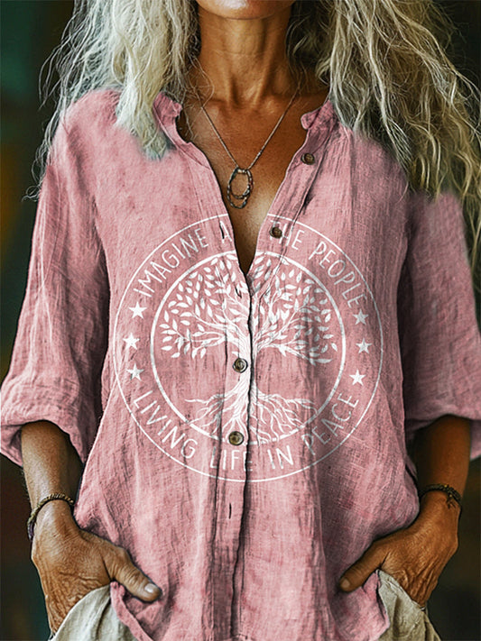 Women's Imagine All Living In Peace Pattern Art Print Casual Cotton Li