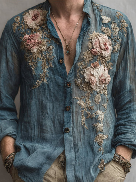 Men's Vintage Floral Fiber Art Embroidered Linen Shirt artswardrobe