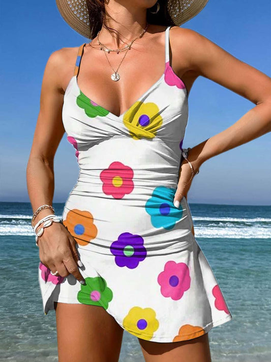 V-Neck Colorful Floral Art Print Suspender Skirt Tankini Pantskirt Set Swimsuit