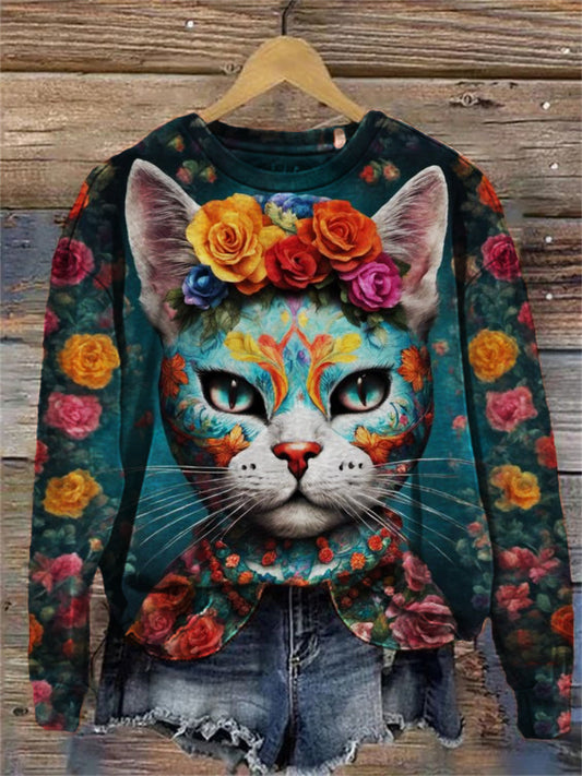 Day of the Dead Sugar Skull Cat Art Sweatshirt elevenforest