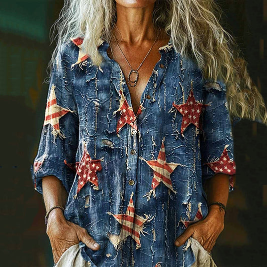 Comstylish Women's Independence Day Retro Star Patchwork Art Cotton And Linen Shirt