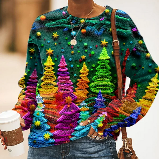 Comstylish Women's Christmas Colorful Christmas Tree Print Casual Sweatshirt