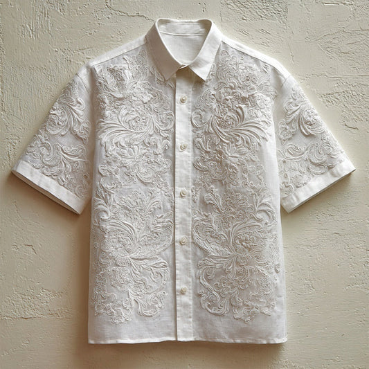 Men's Floral Lace Embroidered Short Sleeve Linen Shirt artswardrobe