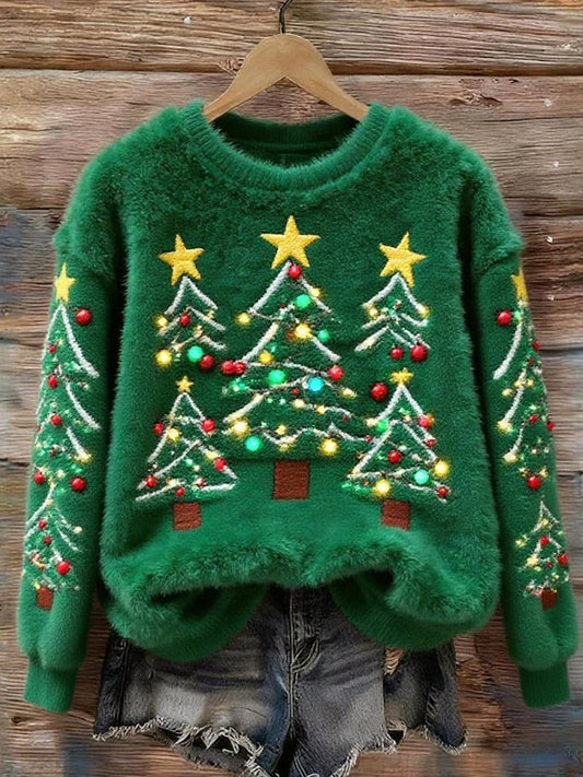 Comstylish Christmas Star Christmas Tree Flannel Crew Neck Sweatshirt