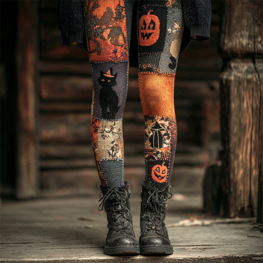 Halloween Black Cat & Pumpkin Patchwork Art Women's Knit Leggings elevenforest