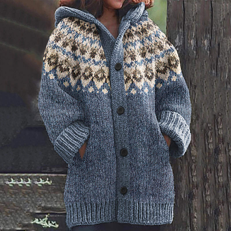 Icelandic Ethnic Pattern Knitted Hooded Cardigan elevenforest