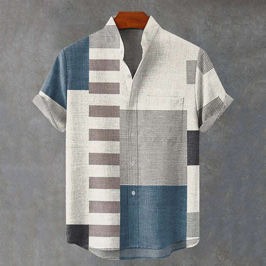 Men's Geometric Patchwork Pattern Art Casual Short Sleeve Shirts artswardrobe