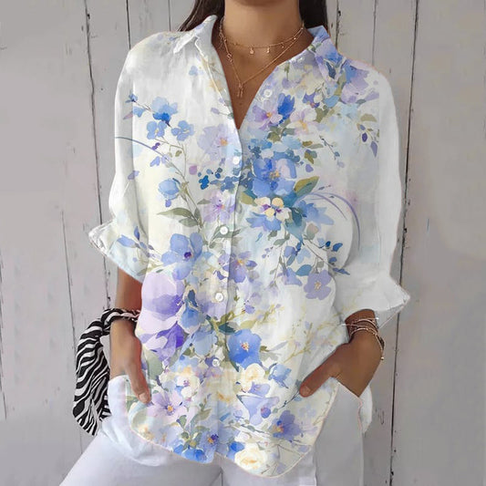 Comstylish Vintage Floral Painting Art Button Casual Shirt