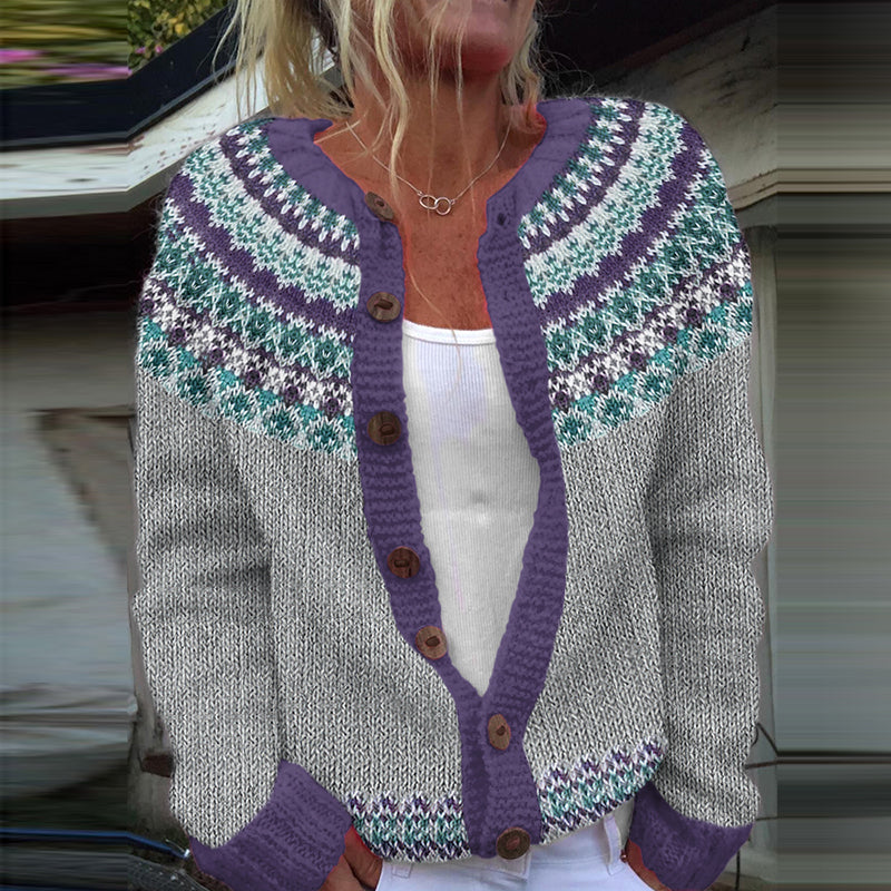 Vintage Purple Geometry Contrast Jacquard Cozy Sweater elevenforest