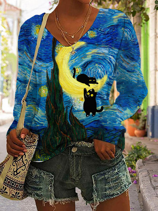 Women's Casual  Art Funny Black Cat Print T-shirt elevenforest