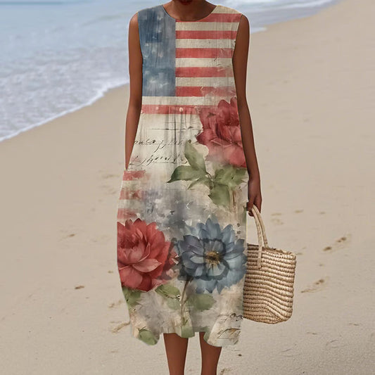 Women's Vintage Independence Day Print Design Midi Tank Dress artswardrobe