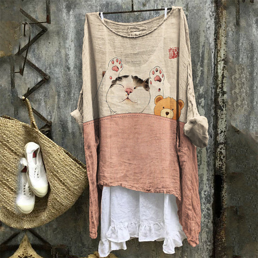 Comstylish Lovely Sleeping Cat Japanese Art Linen Tunic
