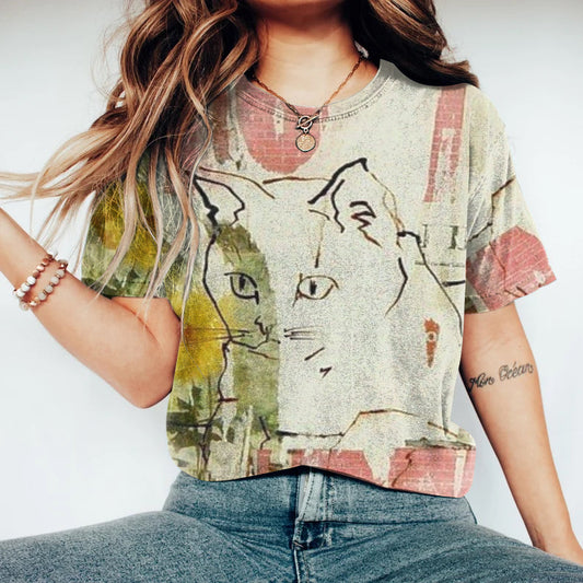Comstylish Women's Vintage Cat Print Washed T-shirt