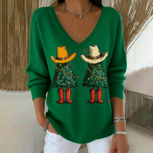 Comstylish Women's Christmas Denim Christmas Tree Art V Neck Sweatshirt