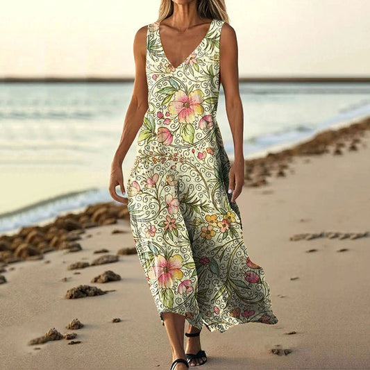 Women's Floral Print V Neck Sleeveless Dress artswardrobe
