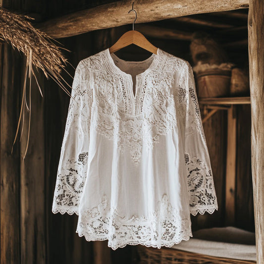 Comstylish Elegant Lace Embroidery Tassel Art Long Sleeve V-neck Shirt