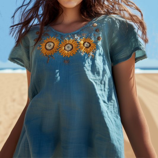 Comstylish Vintage Sunflower Embroidered Art Cotton Linen Comfy Shirt