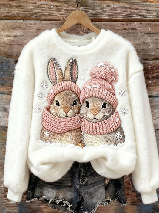 Comstylish Winter Bunnies Snowflakes Embroidered Cozy Plush Sweatshirt