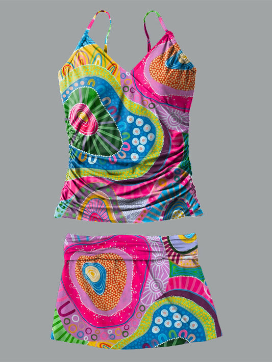 Color Anemone V-Neck Vintage Flowers Print Suspender Skirt Tankini Pantskirt Set Swimsuit