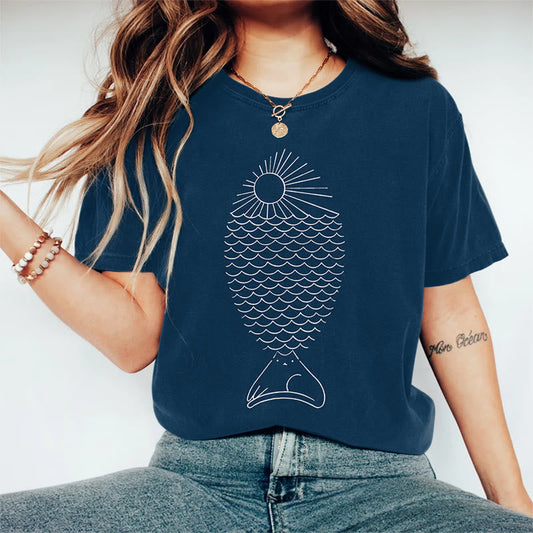 Abstract Simple Cat Fish Art Print Short Sleeve T-Shirt elevenforest