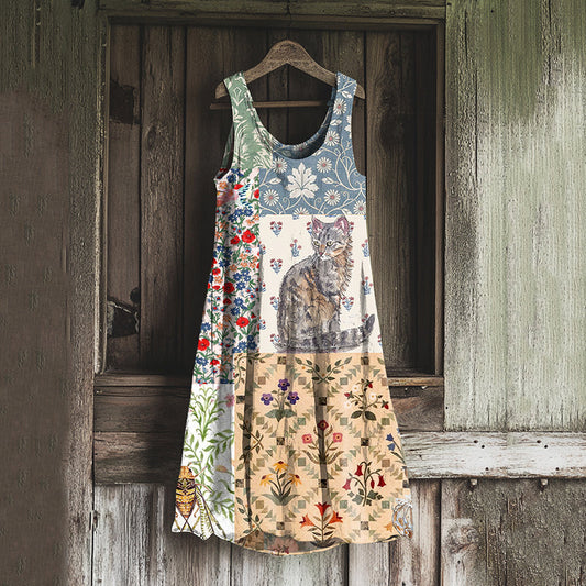 Comstylish Vintage Patchwork Cute Cat And Floral Art Linen Tank Dress