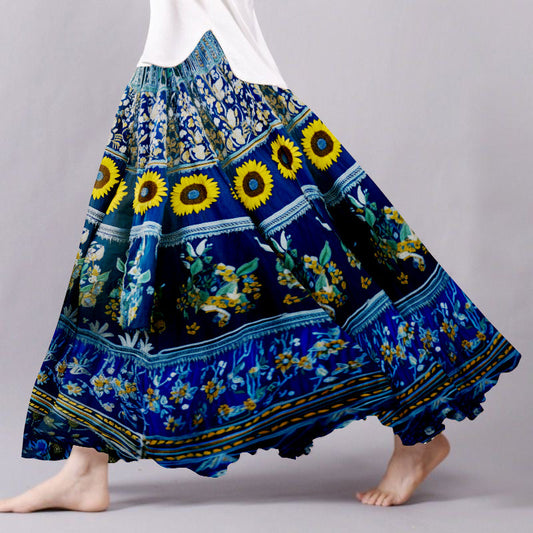 Vintage Sunflower With Ethnic Embroidered Pattern Flowy Wide Skirt artswardrobe