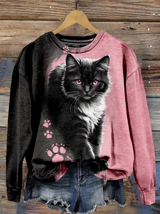 Comstylish Cute Cat Pattern Print Vintage Cozy Sweatshirt