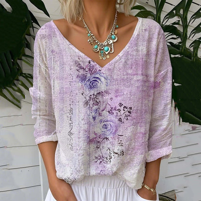 Women's Vintage Floral Print V-neck Loose Linen Blend T-shirt artswardrobe