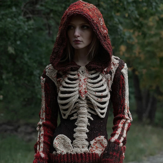 Halloween Bloody Skeleton Cozy Knit Hooded Sweater artswardrobe