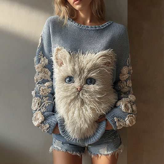 Women's Cute Cat With Floral Art Knitted Warm Sweater