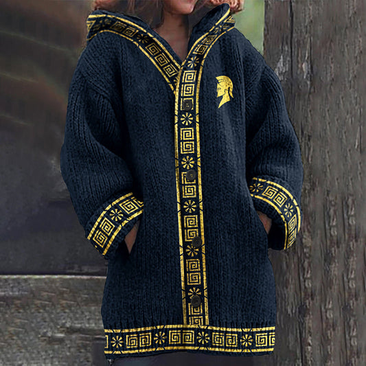 Women's Ancient Greek Mythology Jacquard Knit Comfort Hooded Cardigan artswardrobe