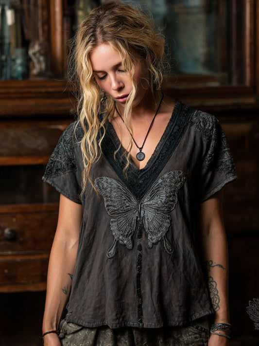 Viking Dark Style Thorn Butterfly Embroidery Vintage V-neck Short-sleeve Top artswardrobe
