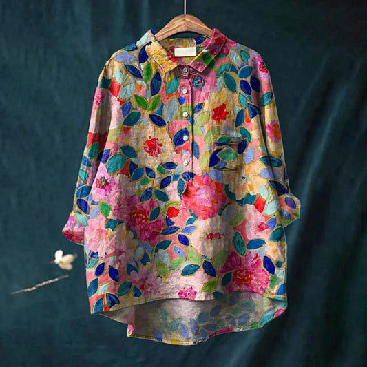 Comstylish Women's Flower Print Casual Cotton And Linen Shirt