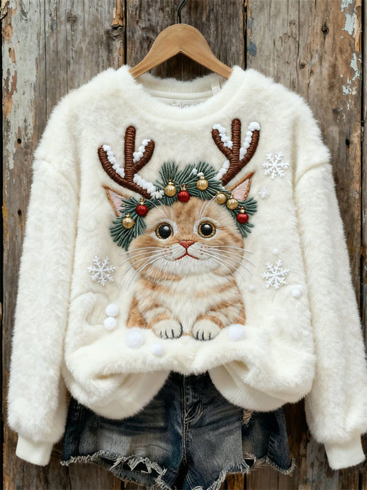 Christmas Cat Snowflakes Embroidered Cozy Plush Sweatshirt elevenforest